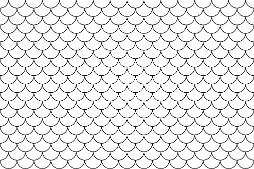 Fish, mermaid, dragon, snake, scallop scales. Tail scale seamless pattern. Japanese wave wallpaper. Black and white minimal background. Kids abstract texture. Vector illustration.