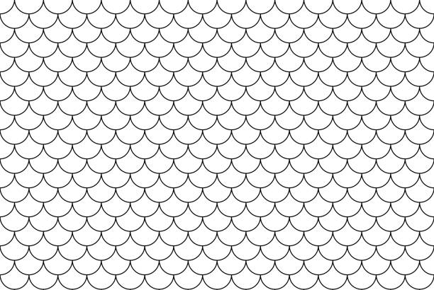 Fish, mermaid, dragon, snake, scallop scales. Fish, mermaid, dragon, snake, scallop scales. Tail scale seamless pattern. Japanese wave wallpaper. Black and white minimal background. Kids abstract texture. Vector illustration. fish designs stock illustrations