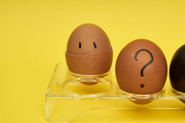 istock Chicken eggs in an egg stand. Tray for eggs. Half an egg, egg yolk, shell. Emotions and facial expressions on eggs, a question mark on an egg. Black egg. 1240651341