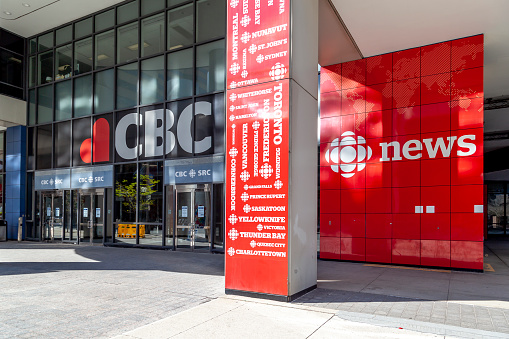 Toronto, On, Canada - May 16, 2020: Entrance to Canadian Broadcasting Centre in Toronto, headquarters of the Canadian Broadcasting Corporation (CBC).
