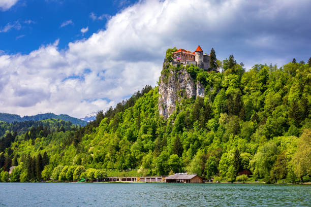 Bled, Slovenia - April 30, 2018: Bled Castle with Lake Bled, Slovenia.