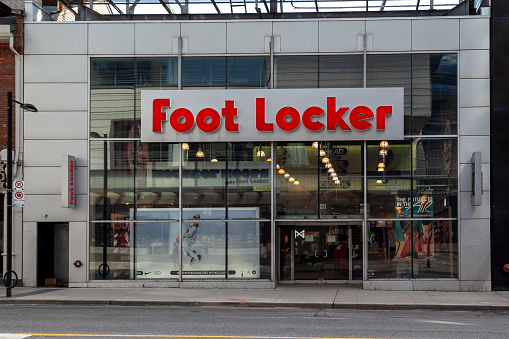 Toronto, Canada - May 16, 2020: Foot Locker store on bloor St in downtown Toronto. Foot Locker Retail, Inc. is an American sportswear and footwear retailer.