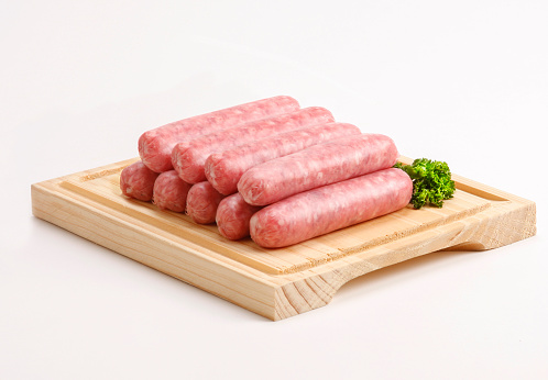 Raw sausage ingredients set, on white stone table background