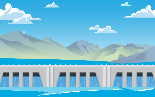 black and white room landscape of dam at the river in summer reservoir stock illustrations