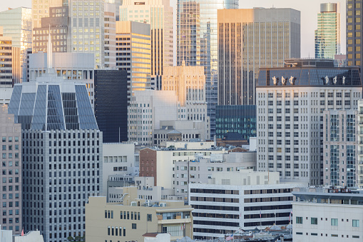 Aerial view of waterfront of Financial District during dusk, San Francisco, California, USA.