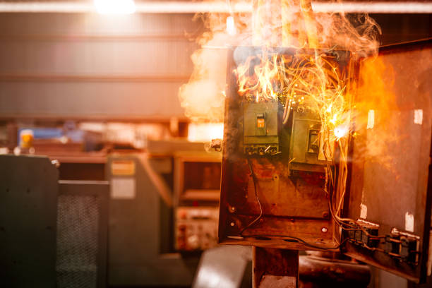 cortocircuito de sobrecarga del interruptor de electricidad, vieja quemadura de fuego de la caja de fusibles desordenada grunge sobre el calor. - heat loss fotografías e imágenes de stock