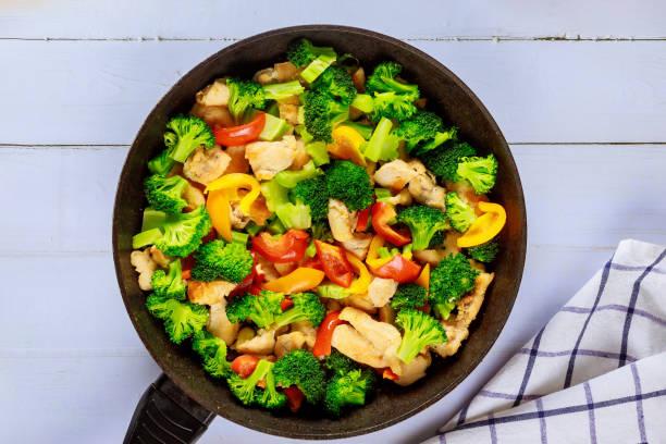 istock Vegetable dish stir fry with chicken in pan on white surface. 1240941780