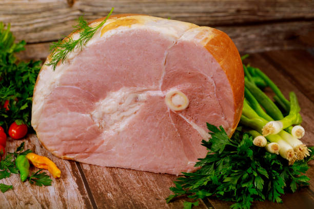 istock Dinning table with whole baked ham and vegetables.Thanksgiving Day concept. 1240941787