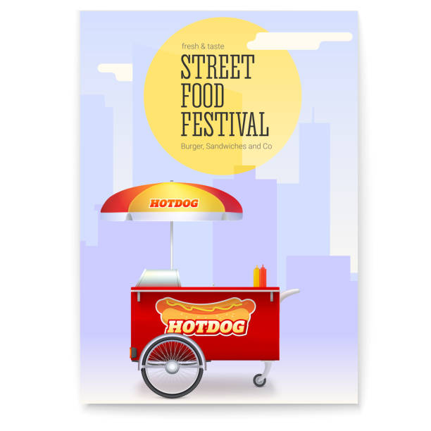 Poster with fast food cart on backdrop of big city. Template for street food festival. Hot dog trolley for street market, advertising design. Poster with fast food cart on backdrop of big city. Template for street food festival. Hot dog trolley for street market, advertising design. Vector 3d illustration hot dog stand stock illustrations