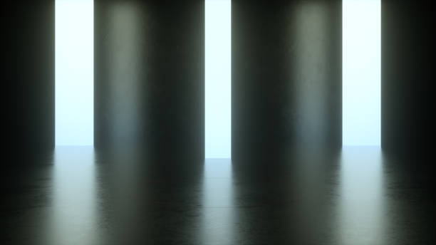 istock Futuristic Neon Light Empty Showroom, Concrete Wall and Floor Reflective Surface, Abstract Showcase Place, 3d Rendering 1240969948
