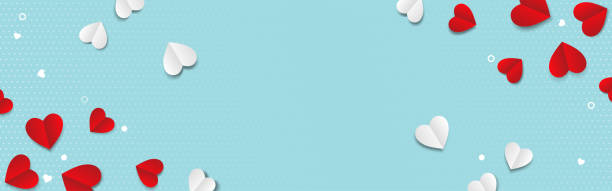 バレンタインデーの背景。パステルブルーの背景にハートペーパーホワイトと赤。バレンタインデーのコンセプト。トップ ビュー。ベクターの図。 - heart shape paper textured pastel colored点のイラスト素材／クリップアート素材／マンガ素材／アイコン素材