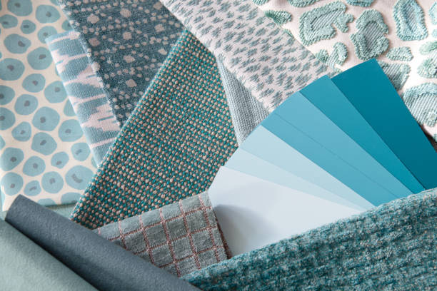Teal blue green interior design plan Teal or turquoise interior decoration plan with fabric samples and paint swatches fabric swatch stock pictures, royalty-free photos & images