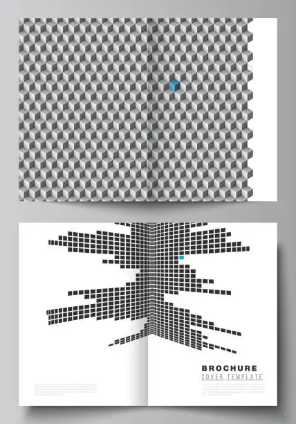 Vector illustration of The vector layout of two A4 format modern cover mockups design templates for bifold brochure, magazine, flyer, booklet, report. Abstract big data visualization concept backgrounds with cubes