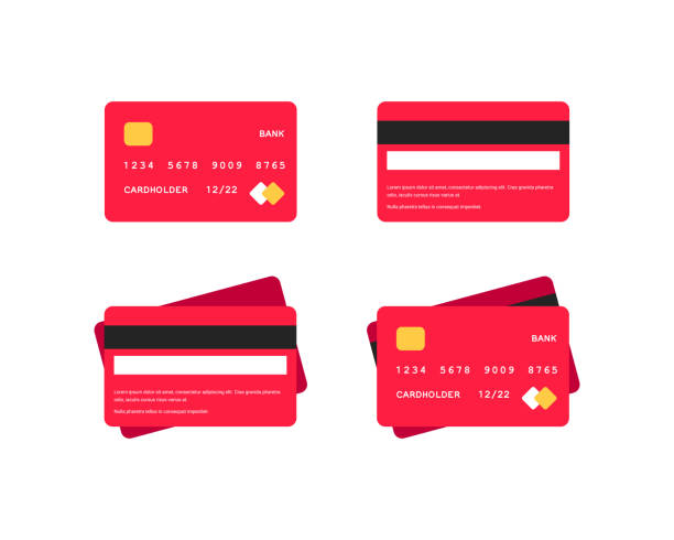 Credit card flat icons set Credit card flat icons set. Side and top view red bank cards isolated on white background. Money on plastic. Online shopping vector illustration for web design , apps, infographics credit card illustrations stock illustrations