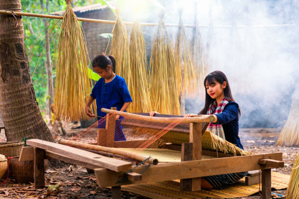 la ragazza asiatica sta tessendo il tappetino. ragazza che tesse tappetini in campagna. nong khai, thailandia. mia sorella e mia sorella tessono tappetini. - asian country foto e immagini stock