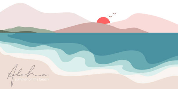 illustrations, cliparts, dessins animés et icônes de « aloha summer sur la plage ». vous vous détendre en vacances à la mer. vue sur la mer avec montagnes et soleil. - sunrise hill sea sun