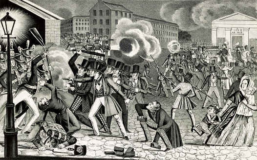 Vintage illustration features the Philadelphia Riots of 1844. Also known as  the Philadelphia Prayer Riots, the Bible Riots and the Native American Riots, these violent clashes were a result of rising anti-Catholic sentiment at the growing population of Irish Catholic immigrants, provoked by Protestants and native-born Americans.