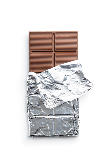 Wrapped chocolate bar in aluminum foil isolated on white background.