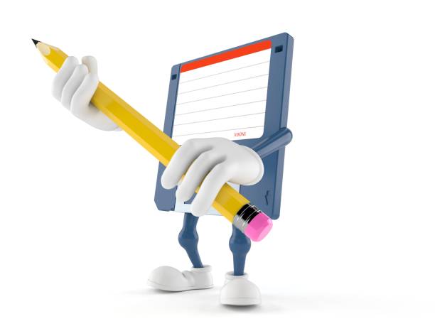 istock Floppy disk character holding big pencil 1241115583