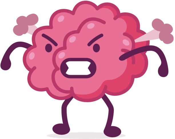 ilustrações de stock, clip art, desenhos animados e ícones de angry pink brain with steam blowing from ears, funny human nervous system organ cartoon character vector illustration on white background - brain human head people human internal organ