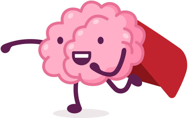 ilustrações de stock, clip art, desenhos animados e ícones de pink brain superhero running wearing red cape, funny human nervous system organ cartoon character vector illustration on white background - brain human head people human internal organ