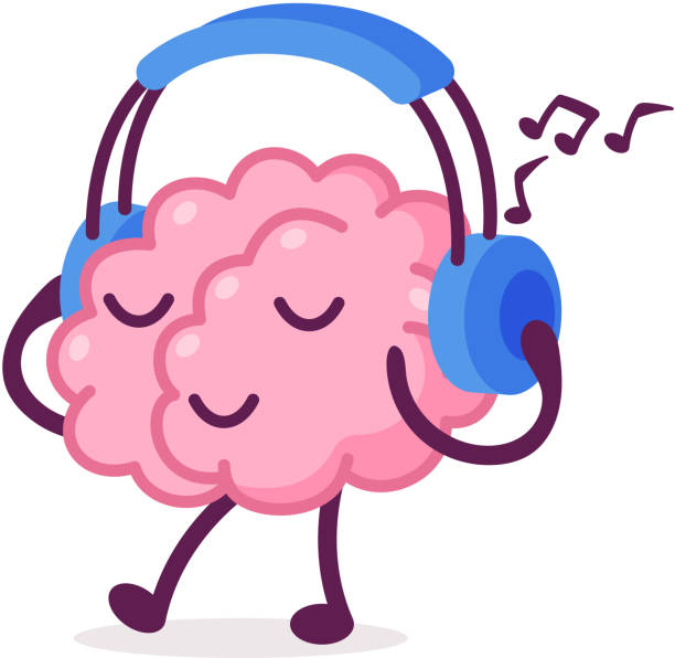 ilustrações de stock, clip art, desenhos animados e ícones de pink brain walking and listening music with headphones, funny human nervous system organ cartoon character vector illustration on white background - brain human head people human internal organ