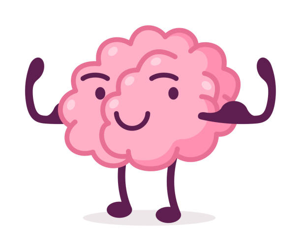 illustrations, cliparts, dessins animés et icônes de fort muscleux rose cerveau, funny human nervous system organ cartoon character vector illustration sur le fond blanc - brain human head people human internal organ