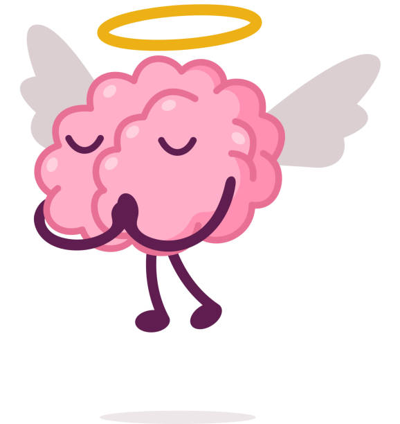 ilustrações de stock, clip art, desenhos animados e ícones de angel brain with halo above its head and wings, funny human nervous system organ cartoon character vector illustration on white background - brain human head people human internal organ