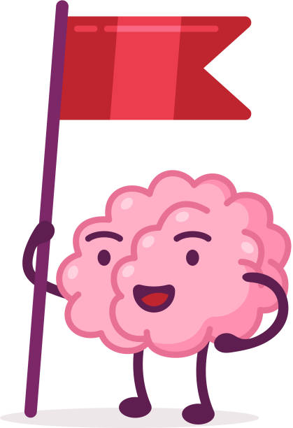 ilustrações de stock, clip art, desenhos animados e ícones de pink brain standing with red flag, funny human nervous system organ cartoon character vector illustration on white background - brain human head people human internal organ