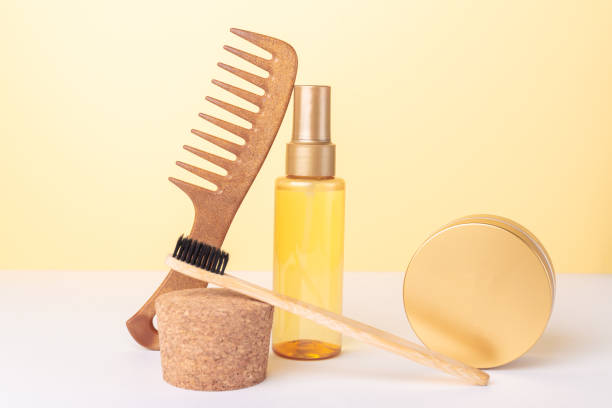 istock Mockup clear plastic bottle with organic oils cosmetics and recyclable tools. Balancing sustainable composition 1241130123