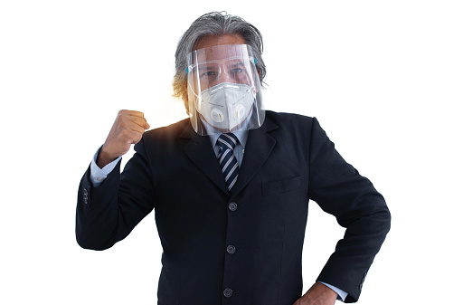 Asian senior businessman wear protective screens and mask, prevent Covid-19 or coronavirus infection, new normal lifestyle, with clipping path