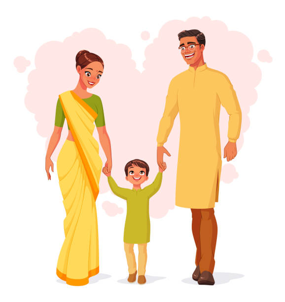 手をつないで歩く幸せな笑顔のインドの家族。ベクターの図。 - indian ethnicity women smiling white background点のイラスト素材／クリップアート素材／マンガ素材／アイコン素材