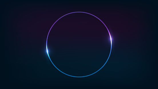 Neon circle frame with shining effects on dark background. Empty glowing techno backdrop. Vector illustration.