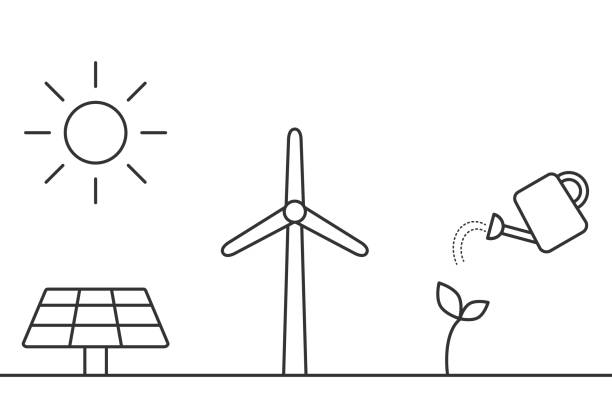illustrazioni stock, clip art, cartoni animati e icone di tendenza di pannello solare, turbina eolica, icone della linea di biocarburanti. fonti energetiche alternative e sostenibili. - alternative energy global warming wind turbine biofuel