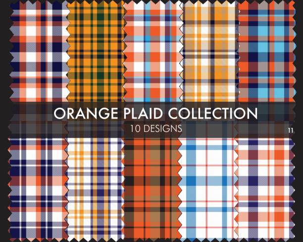 illustrazioni stock, clip art, cartoni animati e icone di tendenza di orange plaid tartan seamless pattern collection - spring decoration orange series