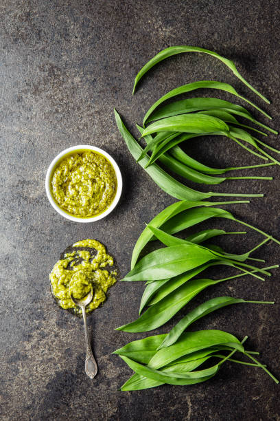 istock Wild garlic pesto and green ramsons leaves. 1241219291