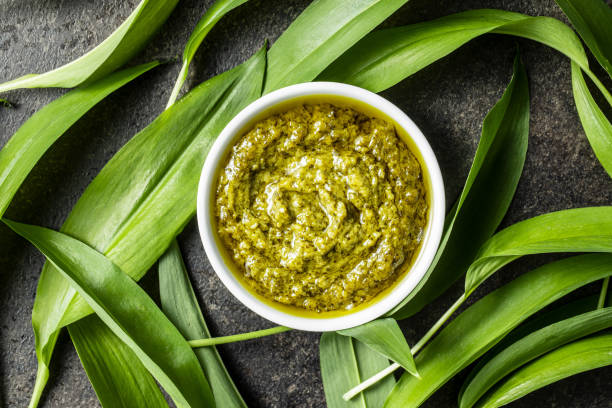 Wild garlic pesto and green ramsons leaves.