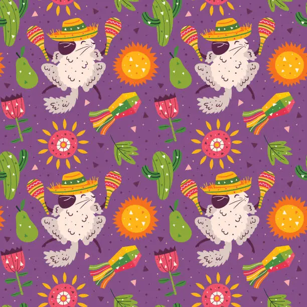 Vector illustration of Mexico holiday. Little cute chinchillas in sombrero with maracas, cactus, sun, pinata, flower and flags. Mexican party. Latin America. Flat colourful vector seamless pattern, texture, background.