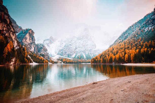 istock Scenic image of alpine lake Braies (Pragser Wildsee). 1241228739