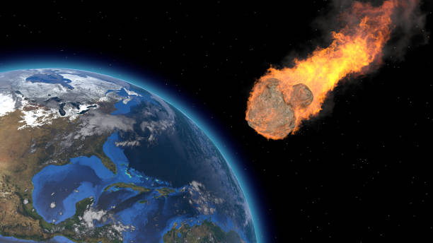 istock Asteroid Impact on Earth. Asteroid, comet, meteorite glows, enters the earth's atmosphere. 3d rendering. Meteor Rain. Kameta tail. End of the world. Elements of this image furnished by NASA. 1241241873