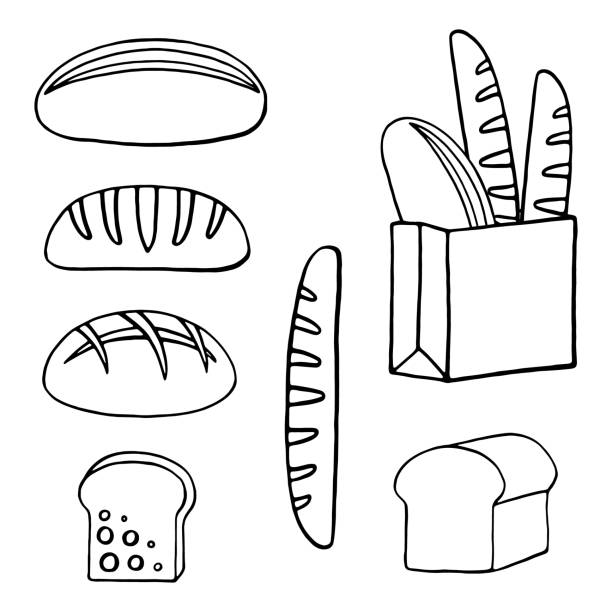 illustrations, cliparts, dessins animés et icônes de ensemble de contour de vecteur de pain - pain, baguette français, levain, pain grillé, un sac en papier de pain - bread white background isolated loaf of bread