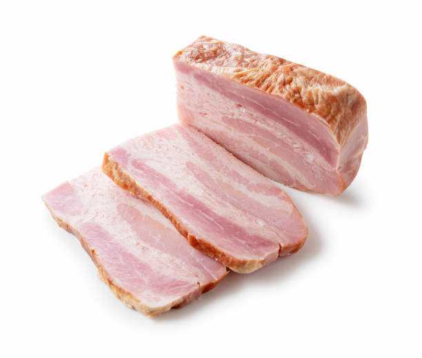 istock Angled shot of bacon placed on a white background 1241244323