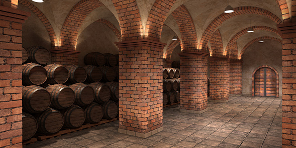 A portrait of an elegant handsome male sommelier visually inspecting a glass of wine in a wine cellar. It stands next to a row of wooden barrels. Professional degustation expert in winemaking.