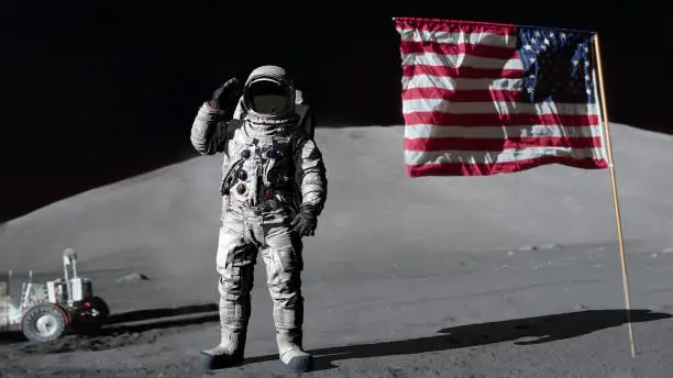 3D rendering. Astronaut saluting the American flag. CG Animation. Elements of this image furnished by NASA. https://www.hq.nasa.gov/office/pao/History/alsj/a17/AS17-134-20386.jpg