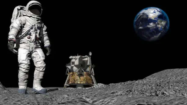 3D rendering. Astronaut walking on the moon. CG Animation. Elements of this image furnished by NASA. https://commons.wikimedia.org/wiki/File:Ocean-wind-atmosphere-ice-arctic-terrain-1123814-pxhere.jpg