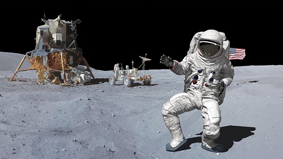 3D rendering. Dancing of Astronaut on the moon.. CG Animation. Elements of this image furnished by NASA. https://www.hq.nasa.gov/office/pao/History/alsj/a16/AS16-107-17436.jpg