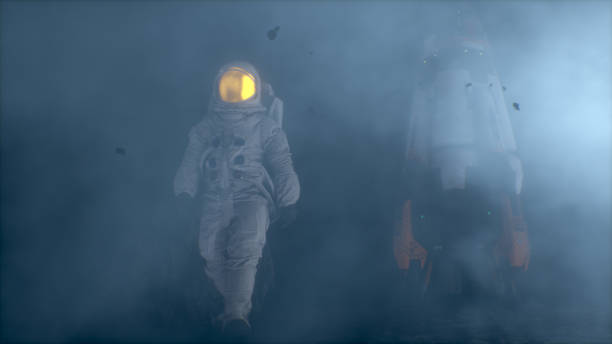 istock Astronaut walking on a foggy alien planet. 3D rendering. 1241248085