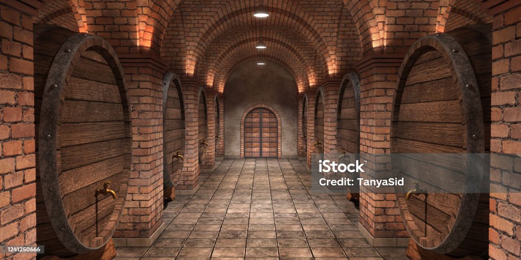 Background of wine barrels in wine-vaults. Mixed media. Interior of wine vault with wooden barrels. -3d rendering. - Illustration. Wine Stock Photo