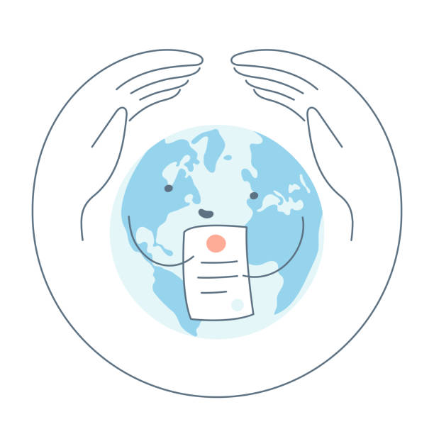 Protecting the planet and it's health - Vector Planet Earth holds a certificate in hands, asking for help holding a sick leave or request for help. Clean line vector illustration on white. sick leave cartoons stock illustrations