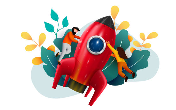 ilustrações de stock, clip art, desenhos animados e ícones de people flying around big rocket. startup and starting business concept. web page, banner, presentation. business project startup process, idea through planning. - teamwork occupation creativity taking off